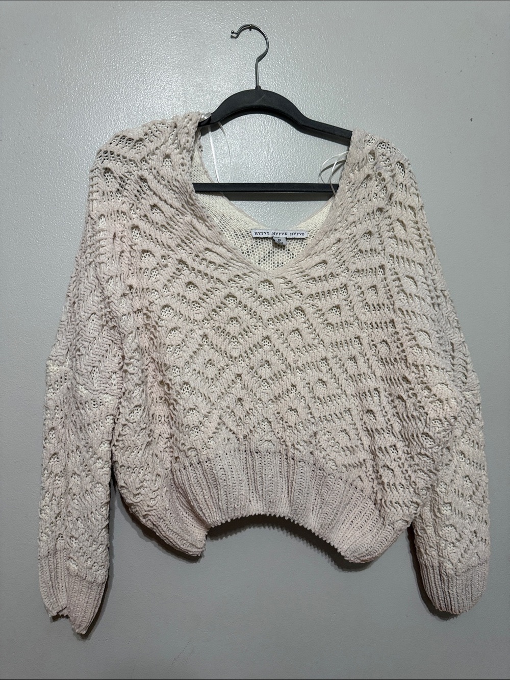 Free People Cream Open-Knit V-Neck Sweater